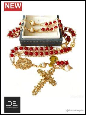 Handmade Red Agate Rosary Crucifix Natural Pearl Prayer Ladder Catholic Gift